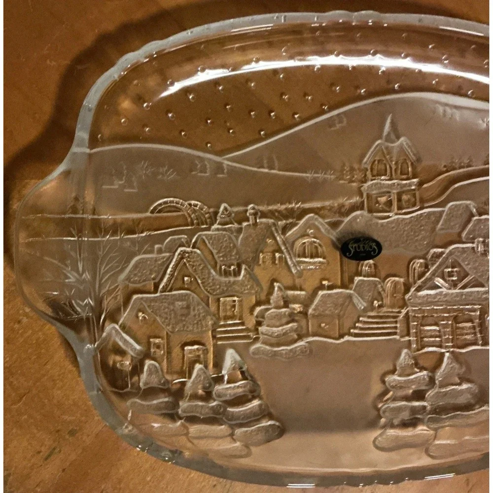 Vintage Crystal‎ Clear Studios Glass Serving Platter Winter Village Scene